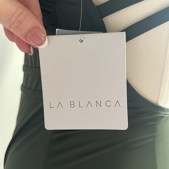 NWT La Blanca Women's Multi Strap Cross Back One Piece Swimsuit Olive Green 4 - Picture 6 of 9